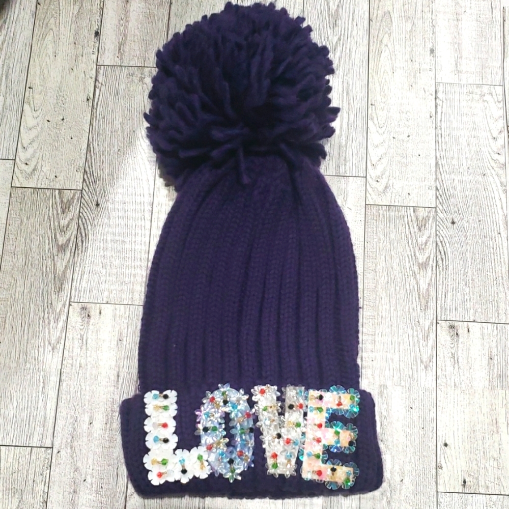 Cära Purple Pom-Pom Beanie with Sequin LOVE Design